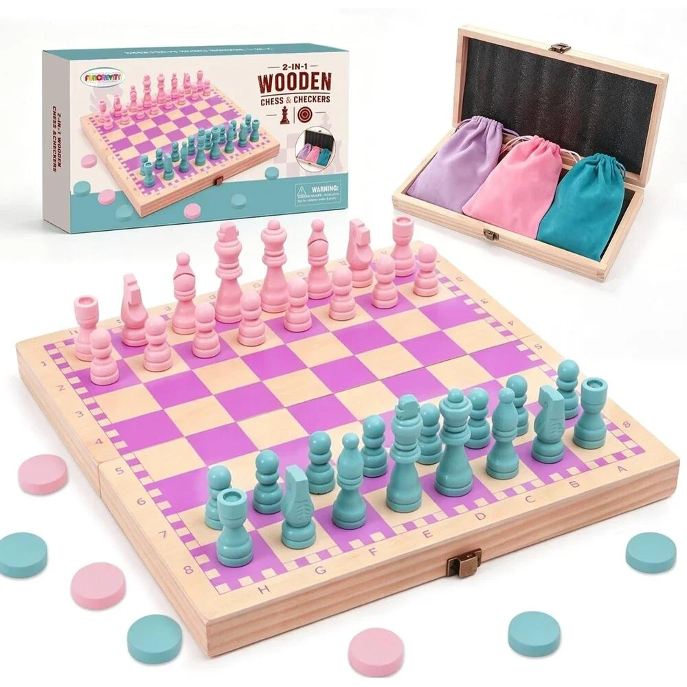 2 in 1 Wooden Chess and Checkers Set Magnetic – 15 inch Folding Board Game